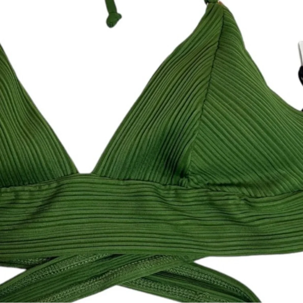 Robin Piccone Lily Ribbed Halter Triangle Bikini Top Basil Green L NWOT